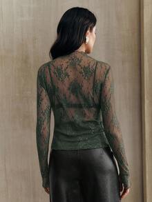 Anewsta Women's Lace See-Through Thumb Hole Elegant Blouse, Suitable For Holiday Party Outfits - Dark Green - View 5