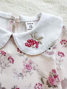 SHEIN Vintaside Kids 1件女婴花卉刺绣领长袖连体衣，兔子印花，可爱休闲连体衣，适合春秋季外出、聚会、圣诞节、新年、情人节等节日穿着。 - 粉色 - 查看 8