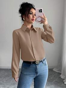 Elenzga 1pc Women's Solid Color Front Button Long Sleeve Elegant Blouse