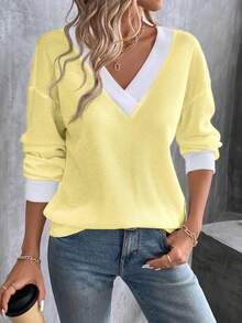 EMERY ROSE Women's Casual V-Neck Contrast Binding Loose Waffle Knit T-Shirt, Suitable For Spring/Autumn Daily Commute - Multicolor - View 3