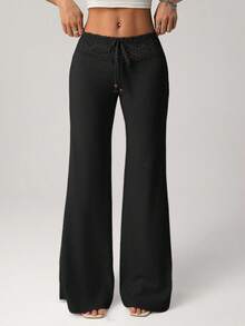 SHEIN ICON Women's White Knit Patchwork Waistband Beaded Drawstring Straight Leg Loose Casual Vacation Pants Lace Up Pants Black Beach Pants - Black - View 5