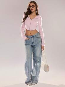 Glamine Women's Fashion Zip-Up Drawstring Cropped Sweatshirt, Pink - Pink - View 4