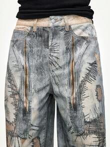 ROMWE MEN Men's Casual Embroidered Denim Jeans - Khaki - View 2