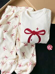 Comfortcana 2025 New Fall/Winter Fashionable Women's Bow Embroidery Round Neck Dropped Shoulder Long Sleeve Casual Loose T-Shirt Winter For Women Christmas For Women New Year Casual Top For Women Graphic T-Shirt White For New Year's Eve Top - Beige - View 7