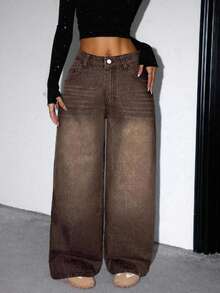 SHEIN ICON ICON Women's Loose Straight Leg Blue Denim Jeans,Wide Leg Women Pants,Baggy Women Pants,Women Jeans Pants - Brown - View 4