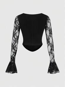 ROMWE Gothic Palace Style Sexy Contrast Lace Square Collar Cross Pendant Chain High Slit Women Top - Black - View 2