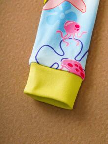 SpongeBob SquarePants | SHEIN 2pcs/Set Young Boy Ocean Cartoon Pattern Crew Neck Long Sleeve Top And Pants Knit Comfortable Casual Stretchy Pajama Set