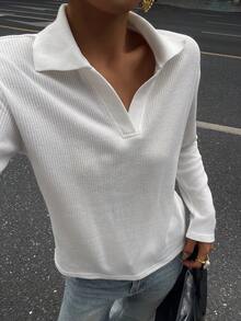 DAZY Camiseta de manga larga de punto estilo camisa informal y holgada con parches, adecuada para la oficina, el transporte y la primavera y el otoño - Blanco - Ver 5