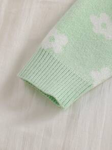 SHEIN Bộ áo len dài tay cổ tròn họa tiết hoa và quần dài màu trơn cho bé gái sơ sinh/trẻ mới biết đi - Màu xanh Bạc hà - Xem 5