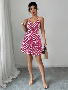 Elenzga 女士波西米亚风印花吊带露背休闲度假吊带裙 - 玫紅色 - 查看 6