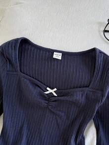 SHEIN 少女海军蓝针织纯色罗纹褶皱胸前蝴蝶结甜美女孩校园休闲长袖T恤，返校季，可爱，假日家庭户外秋季野餐日常穿着，适合各种场合 - 藏蓝色 - 查看 4