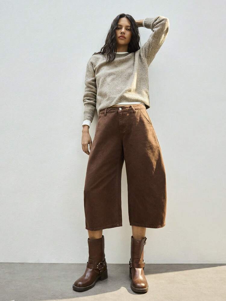 SHEIN Maija Calça Jeans Casuais e Versáteis de Perna Larga com Bolsos para Mulheres