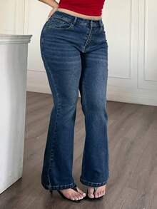 Dazy Plus 深蓝色水洗浅色做旧弹力修身喇叭牛仔裤，优雅通勤款，四季皆宜 - 中等水洗藍 - 查看 7