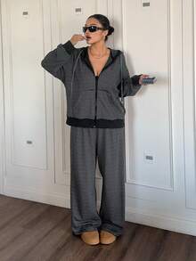 Dazy Plus Chaqueta con capucha con cremallera y pantalones rectos de dos piezas a rayas, informal, para mujer de talla grande, para primavera/otoño - Negro - Ver 6