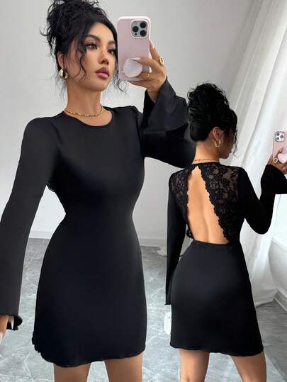 Rafferiza Exquisite And Romantic Lace, Openwork Lace On The Back, Exquisite Lace-Like Embellishment, Very Suitable For Romantic Dates Or Parties. Knitted Long Sleeve Dress. Summer, Spring, Valentine's Day, Romance, Dating, Beach, Wedding, Birthday, Going Out, Elegance, Leisure, Vacation, Graduation Season Clothing, Fashion And Leisure Commuting Clothes, Business Office Clothes, Versatile Fashion And Leisure Clothes, And Urban Teachers' Professional Clothes All Belong To , Which Is Suitable For Work/Social Life, Light And Luxurious, Relaxed And Elegant, Valentine's Day Dating, Birthday Party And Party.