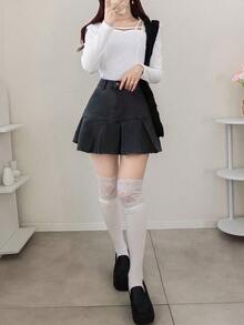 FRIFUL 女士纯色常规肩部长袖修身罗纹T恤，百搭春季款 - 白色 - 查看 2