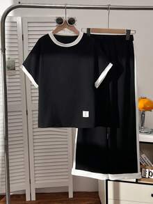 Tween Girls Casual All-Match Versatile Daily Wear Black & White Contrast Trim Round Neck Raglan Sleeve T-Shirt + Straight Leg Knit Pants Set - Black - View 3