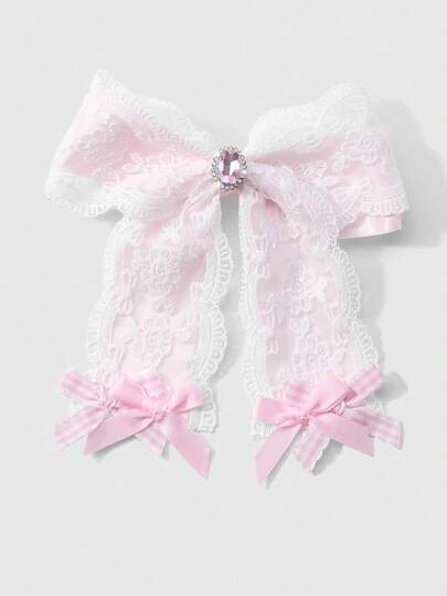 ROMWE Kawaii 1pc Minimalist Elegant Champagne Shiny Mesh Ribbon Faux Pearl Bow DIY Hair Clip, Suitable For Women & Girls Daily Wear, Holiday Gift