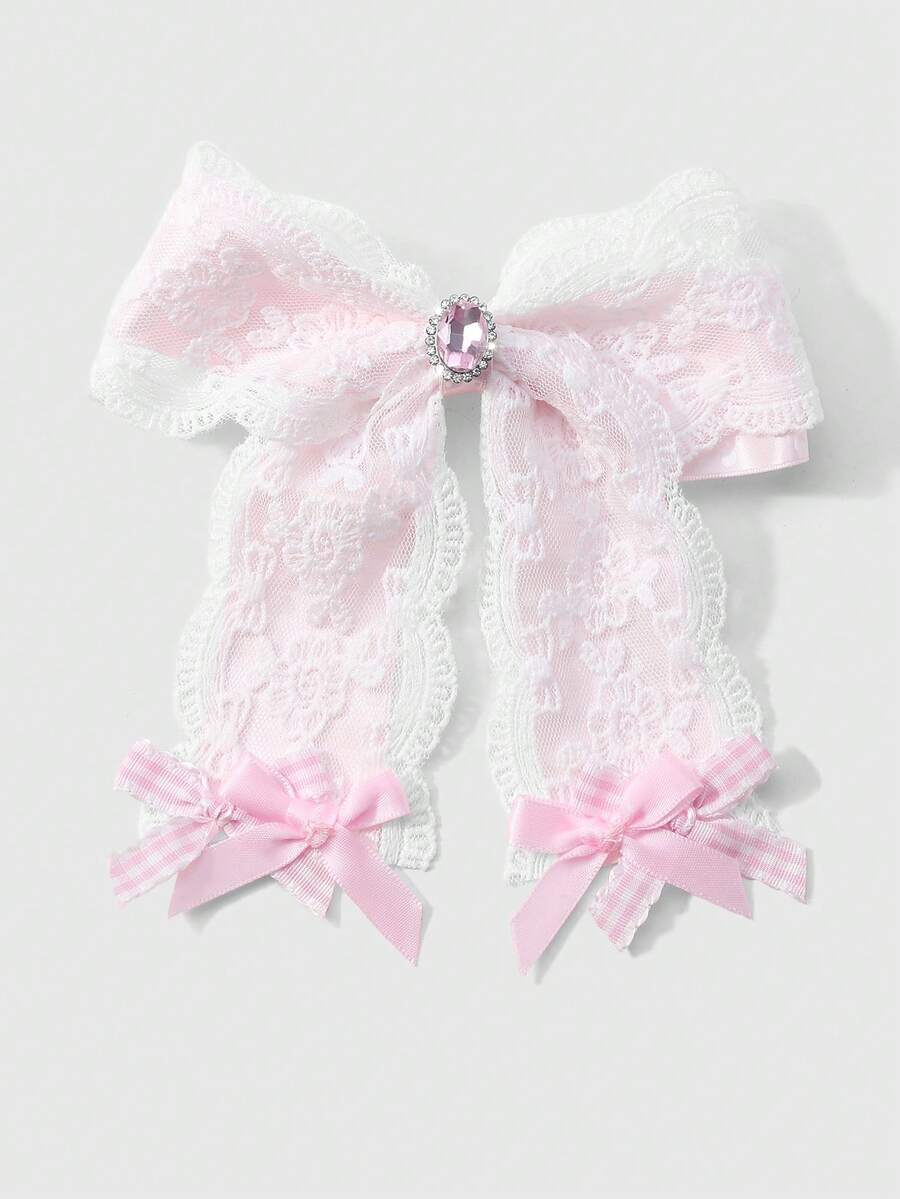 ROMWE Kawaii 1pc Minimalist Elegant Champagne Shiny Mesh Ribbon Faux Pearl Bow DIY Hair Clip, Suitable For Women & Girls Daily Wear, Holiday Gift - Baby Pink - View 1