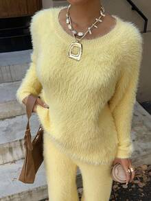 SHEIN EZwear 女士休闲蓬松黄色宽松套头衫 - Butter Yellow - 查看 3