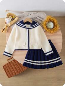 Navy Blue School Girl 2pcs Set, Autumn Back-To-School Outfit, Knitted Cardigan With Sailor Collar And Pleated Skirt, Japanese School Uniform For Young Girls - Royal Blue - View 4