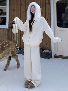 DAZY 女士几何纹理落肩拉链连帽卫衣和裤子休闲宽松两件套家居服套装 - 白色 - 查看 4