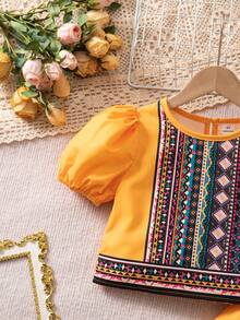 SHEIN Ensemble 2 pièces pour filles, imprimé style moyen-oriental, style élégant et classique à la mode, Top à manches bouffantes + pantalon - Jaune citron - Voir 8