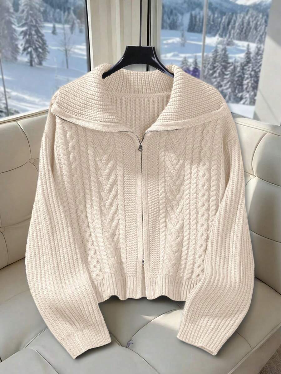Resyla Áo khoác cardigan dài tay có khóa kéo, màu trơn, thường ngày, đa năng - Màu be - Xem 1