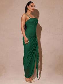 Silquee Váy xẻ tà cao tay bèo nhún lãng mạn màu xanh lá cây thanh lịch, đầm dự tiệc bodycon ren dành cho nữ, thích hợp cho ngày lễ tình nhân, hẹn hò, đám cưới, dạ hội - Màu xanh lá cây đậm - Xem 5