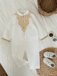 SHEIN Newborn Baby Boy Baroque Gold Floral Pattern Mandarin Collar Long Sleeve Romper, Suitable For Formal Occasions, Birthday Parties, Raves, Galas, Performances, Weddings, Month Celebrations, Christenings And 1st Birthday Parties Baby Boy Christening Suit Baby Vintage Clothes - Multicolor - View 3