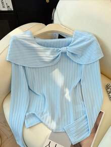 INAWLY 女士罗纹褶裥优雅长袖T恤 - 藍色 - 查看 5