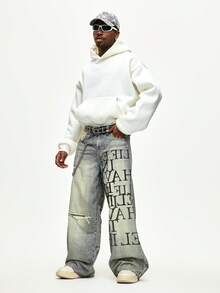 ROMWE MEN 男士字母印花宽松阔腿休闲牛仔裤 - 銅色 - 查看 4