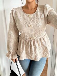 Lounesse Plus Size Jacquard Fabric Apricot Color Mandarin Collar Casual Commuter Long Sleeve Shirt Romantic, Winter Clothes For Women - Apricot - View 2