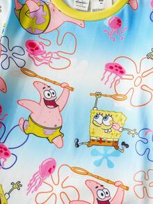 SpongeBob SquarePants | SHEIN 2pcs/Set Young Boy Ocean Cartoon Pattern Crew Neck Long Sleeve Top And Pants Knit Comfortable Casual Stretchy Pajama Set