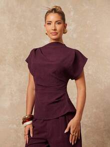 Lumalex Bộ đồ hai mảnh dành cho nữ, gồm áo ngắn tay xếp ly màu đỏ tía thanh lịch và quần ống rộng hai túi màu đỏ tía thanh lịch, thích hợp mặc hàng ngày vào mùa xuân/hè. - Màu tím - Xem 8