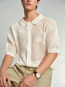 Manfinity Homme 男士纯色落肩短袖休闲镂空前襟纽扣针织衫 男士钩针衬衫 男士开襟针织衫 男士网眼衬衫 男士度假风渔网衬衫 男士蕾丝衬衫 男士网眼衬衫 男士钩针衬衫 - 杏色 - 查看 2