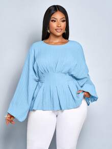 SOLERSUN 女士大码时尚纯色宽松休闲外出深褶蝙蝠袖长袖衬衫，宽松休闲上衣，露脐系带露背上衣，女士纯色圆领系带长袖衬衫，秋冬女装 - 淺藍色 - 查看 5