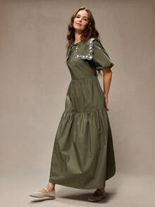 WESTFADE 航海风刺绣领结泡泡袖100%纯棉府绸层叠中长连衣裙，适合秋季、冬季穿着，休闲可爱，适合度假，波西米亚风 - 軍綠色 - 查看 3