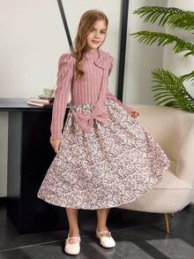 Tween Girl Floral Patchwork Bow Decor Dress Fall Winter