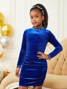 SHEIN 青少年女孩优雅天鹅绒立领串珠褶饰修身长袖连衣裙深蓝色，兄弟姐妹款，适合圣诞节 - 寶藍色 - 查看 3