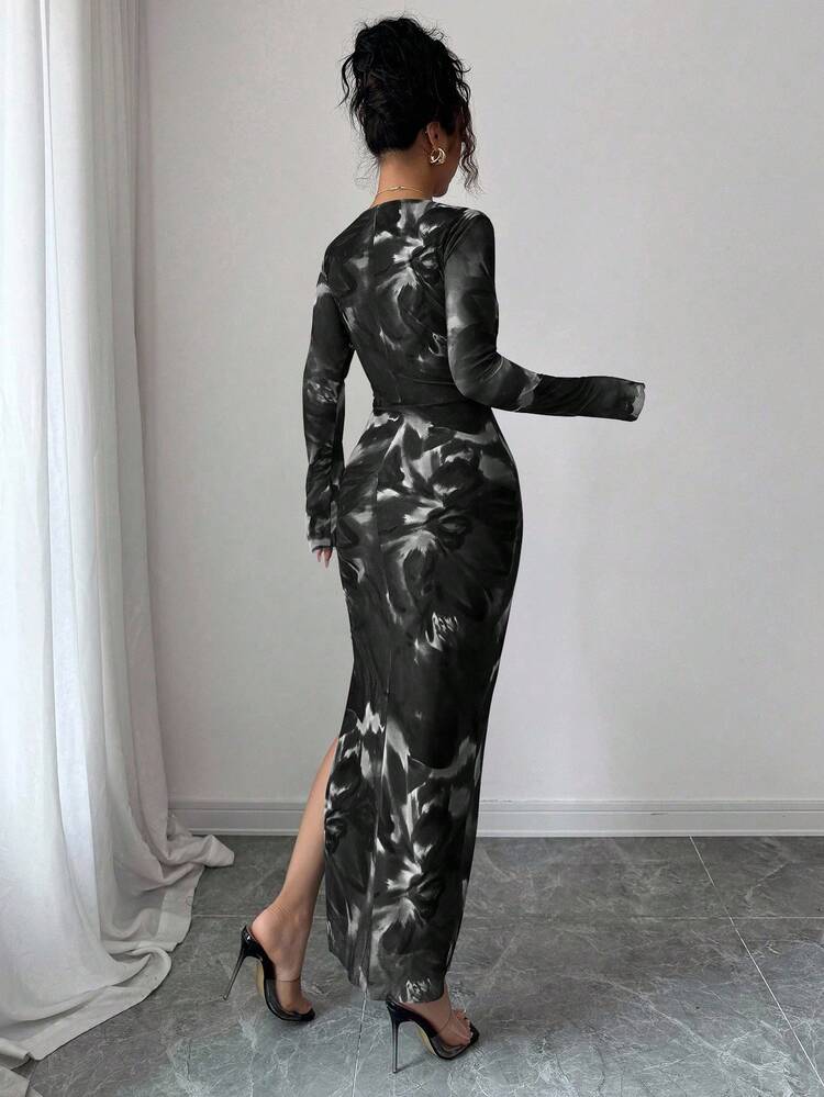 Elenzga Women's Elastic Mesh Floral Pattern Dress, Chic And Feminine Design With Criss-Cross Twist V-Neck, Bodycon Silhouette And Slit, Suitable For Daily, Commute, Date, Party And Gathering - Black and White - View 2