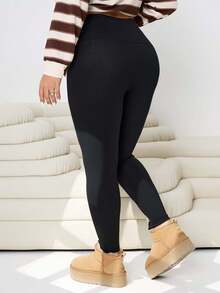 Solflare 大码女式纯色不对称腰身时尚百搭打底裤，适合秋季、冬季和春季穿着。 - 黑色 - 查看 5