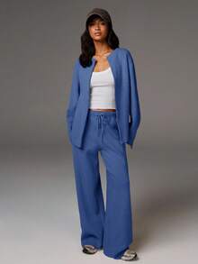 Athîral 休闲时尚百搭舒适宽松长袖女式开衫家居服女士家居服舒适家居服粉色家居服针织家居服秋冬 - 藍色 - 查看 3