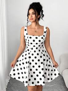 Elenzga 大码女式优雅方领黑白波点无袖喇叭迷你连衣裙，适合返校、毕业、假期、情人节、圣诞节、音乐节、母亲节、万圣节、感恩节、复活节、国庆节、舞会、约会、派对、婚礼、户外旅行等场合。 - 彩色 - 查看 5