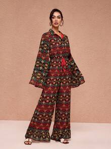 JIAN LASALA 印花雪纺连体裤，翻领多层荷叶边袖，系带腰身，纽扣开襟阔腿设计，波西米亚风连体裤，适合女士沙滩婚礼宾客穿着 - 彩色 - 查看 1