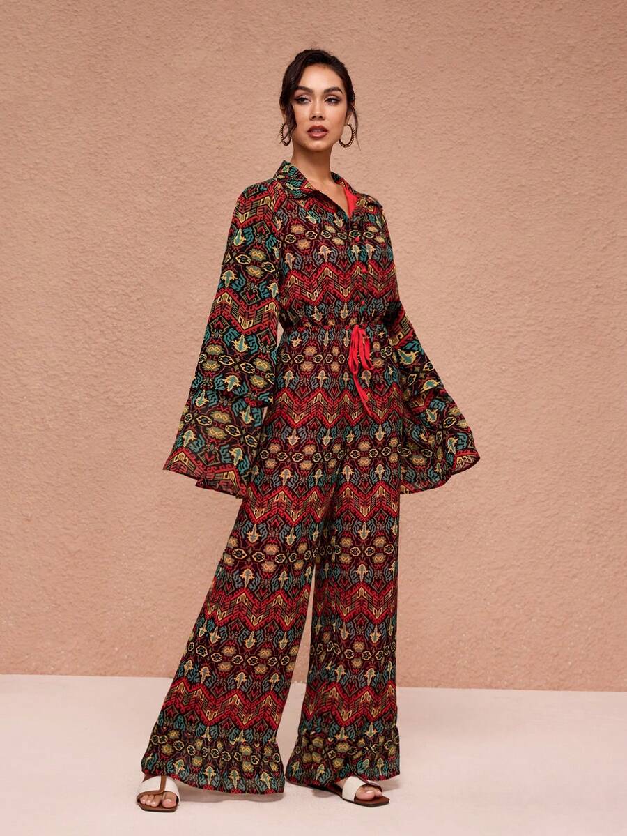 JIAN LASALA 印花雪纺连体裤，翻领多层荷叶边袖，系带腰身，纽扣开襟阔腿设计，波西米亚风连体裤，适合女士沙滩婚礼宾客穿着 - 彩色 - 查看 1