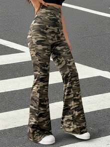 SHEIN EZwear Camouflage Print Knitted Ladies Pants - Army Green - View 1