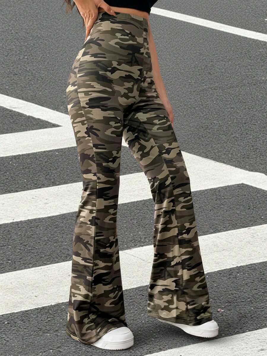 SHEIN EZwear Camouflage Print Knitted Ladies Pants - Army Green - View 1