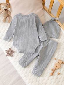SHEIN Vintaside Kids 新生儿连体衣套装，含帽子，可爱卡通图案设计，面料柔软舒适，适合儿童日常穿着。 - 淺灰色 - 查看 2