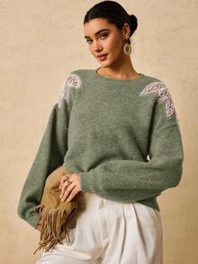 Travachic 秋冬季大码时尚女式串珠套头毛衣 - 綠色 - 查看 5